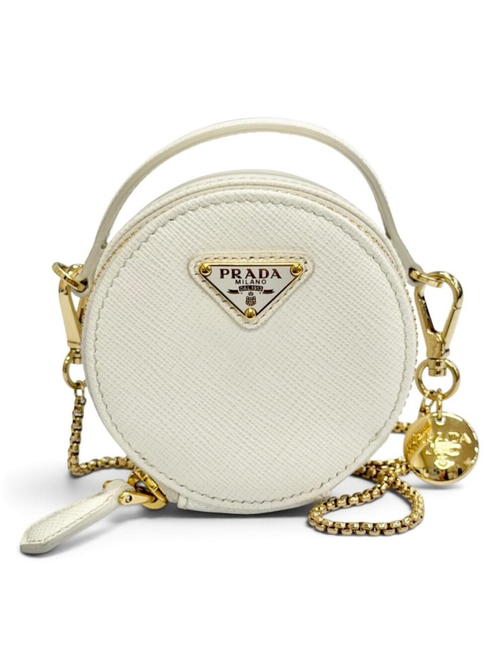 Prada Saffiano Leather Triangle Logo Chain Shoulder Round Mini Pouch White Gold